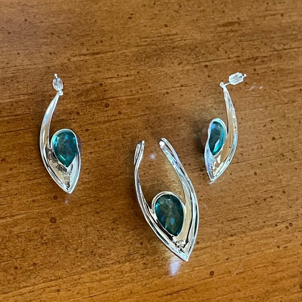 Stunning! Caribbean Blue Green Quartz Pendant & Earrings Set Sterling Silver - Picture 12 of 14
